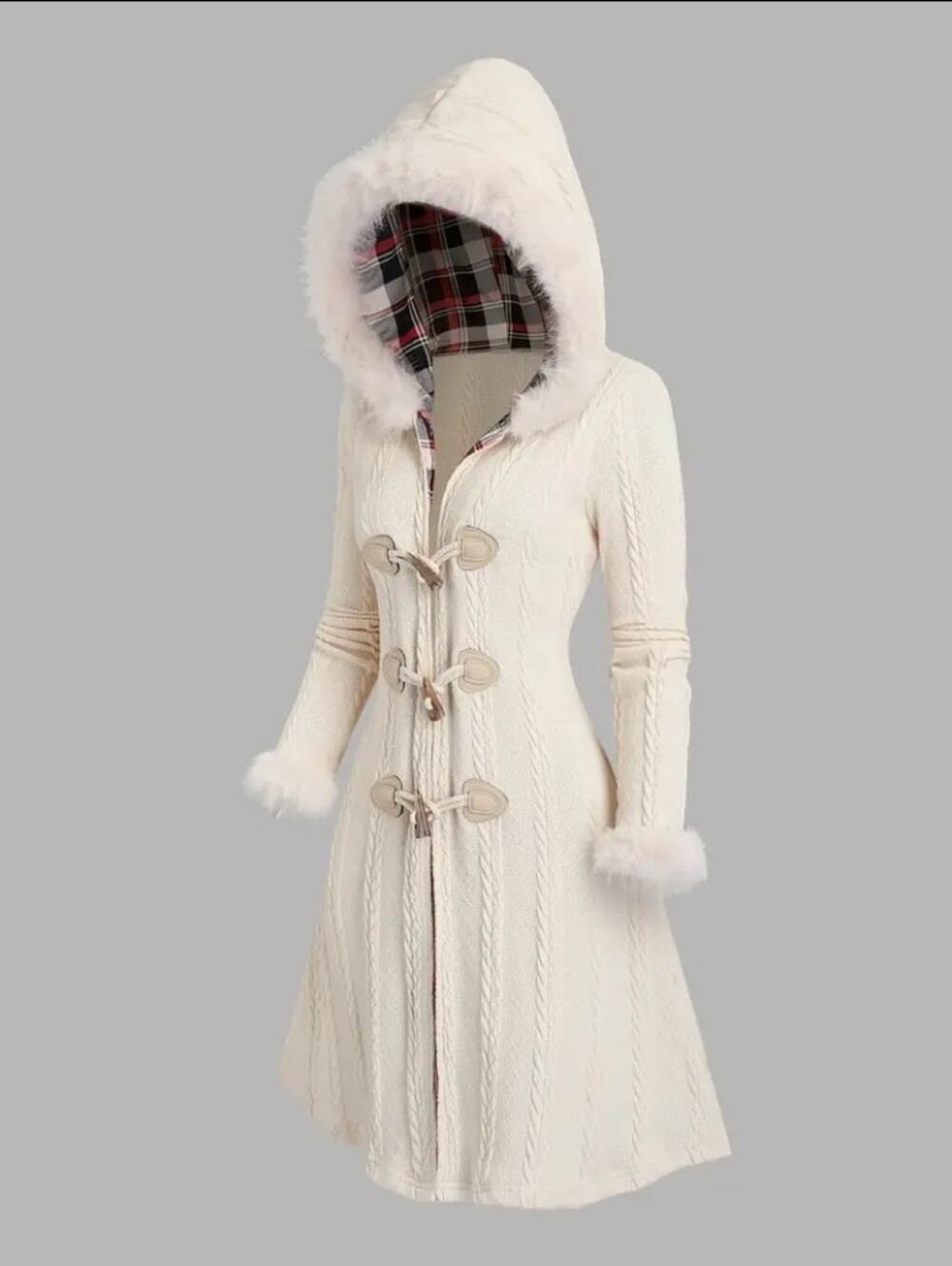 Y2K Plaid Patchwork Hooded Coat with Button Closure and Long Sleeves